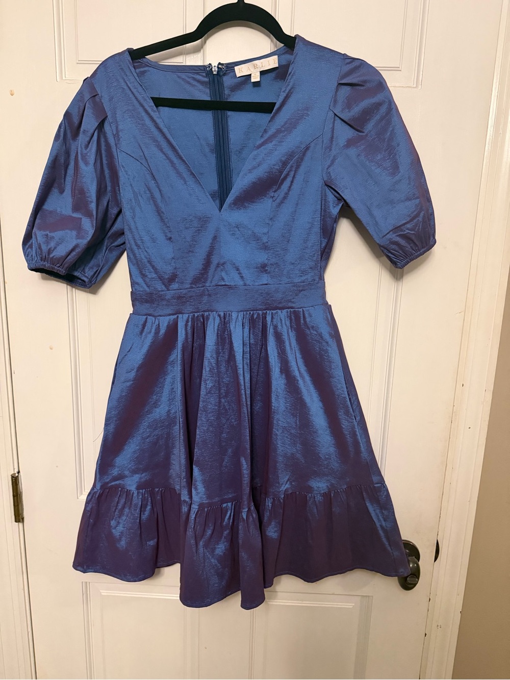 Karlie Shimmer Violet Puff-Sleeve Mini Dress